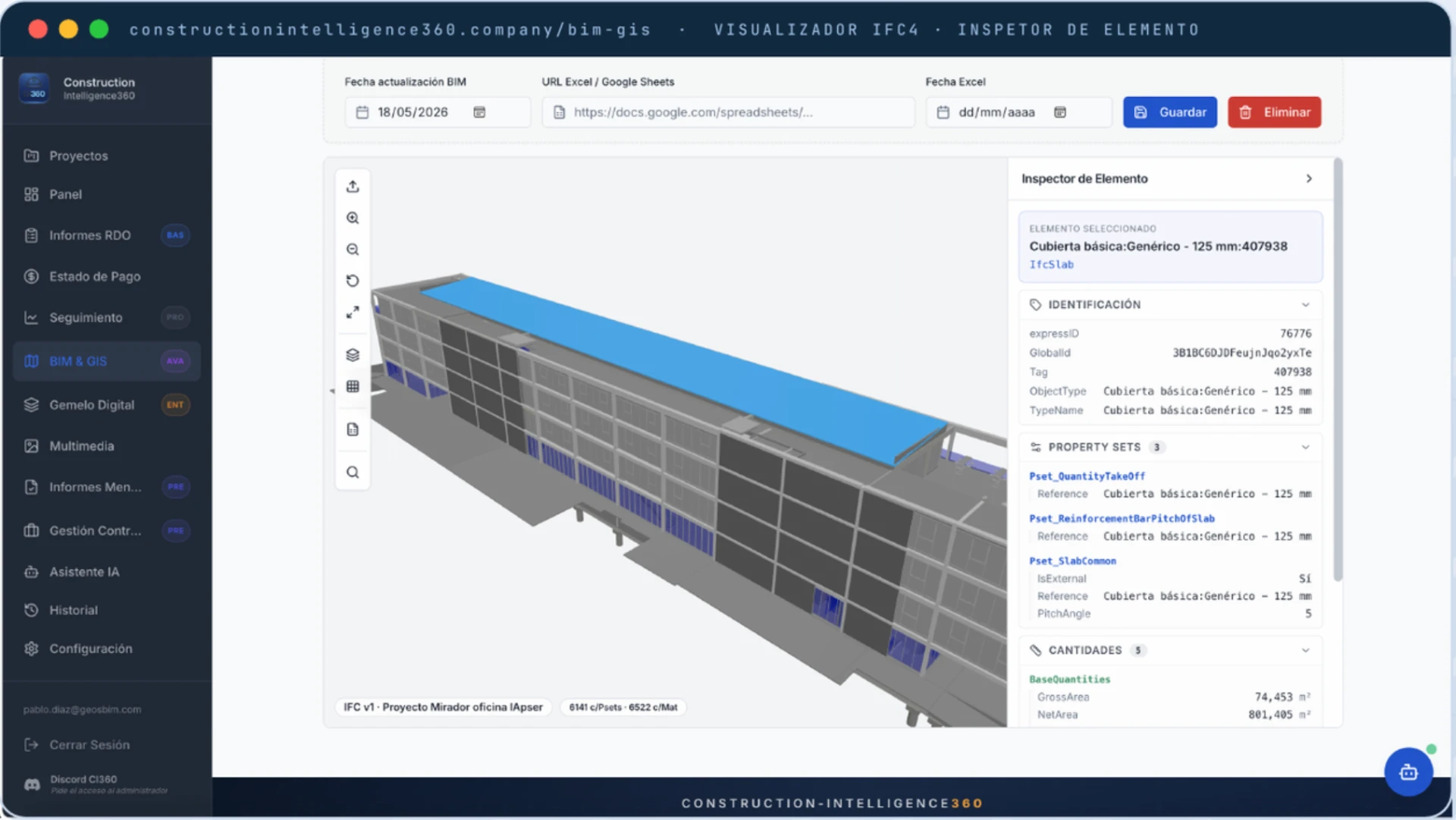 Visualizador IFC4 da plataforma GEOSBIM exibindo o modelo 3D de um edifício com o painel Inspetor lateral aberto
